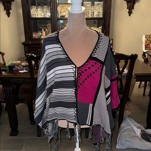 Sharon Young Pink and Black Asymmetrical Shrug with Fringe